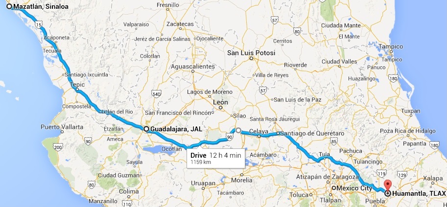 Our route from Mazatlan to Huamantla