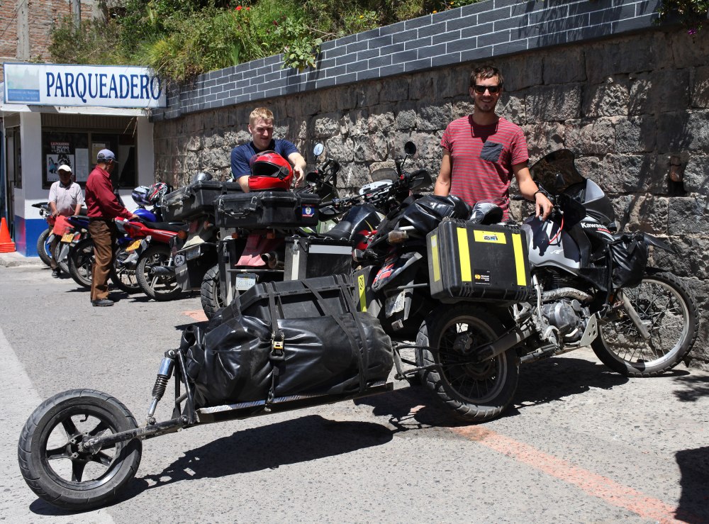 Jørgen poses with his KLR650 and custom made trailer (less than $100) before we leave the Sanctuario de Las Lajas and go have guinea pig for lunch. Photo: Alex Washburn