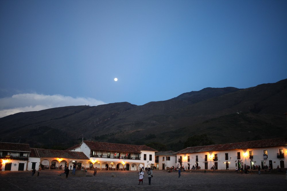 The Plaza Mayor in Valle De Leyva is one of the biggest plazas in the America's. It's a huge open cobblestone square with a small fountain in the middle of it with a handful of eateries on its edges. Photo: Alex Washburn