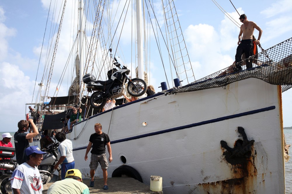 Taylor's 650GS BMW was the first bike that was loaded onto the Stahlratte. Photo: Alex Washburn