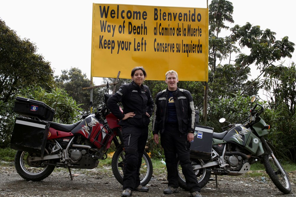 Our couple photo on the Bolivian Death road. Photo: Alex Washburn