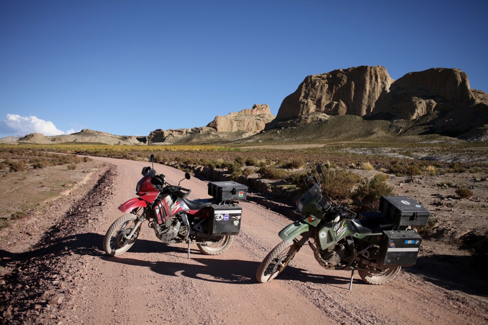 After touring the Salar de Uyuni we were ready to pack up and head south once again. The ride directly between Uyuni and Tupiza Bolivia is 125 miles of intense sand, gravel and not much else. Around mile 60 I (Alex) fell over in the sand and realized while inspecting the bike that a sub frame bolt had rattled loose. We had to stay an extra night in Tupiza to go over the bikes and prepare them to cross to Argentina. Photo: Alex Washburn